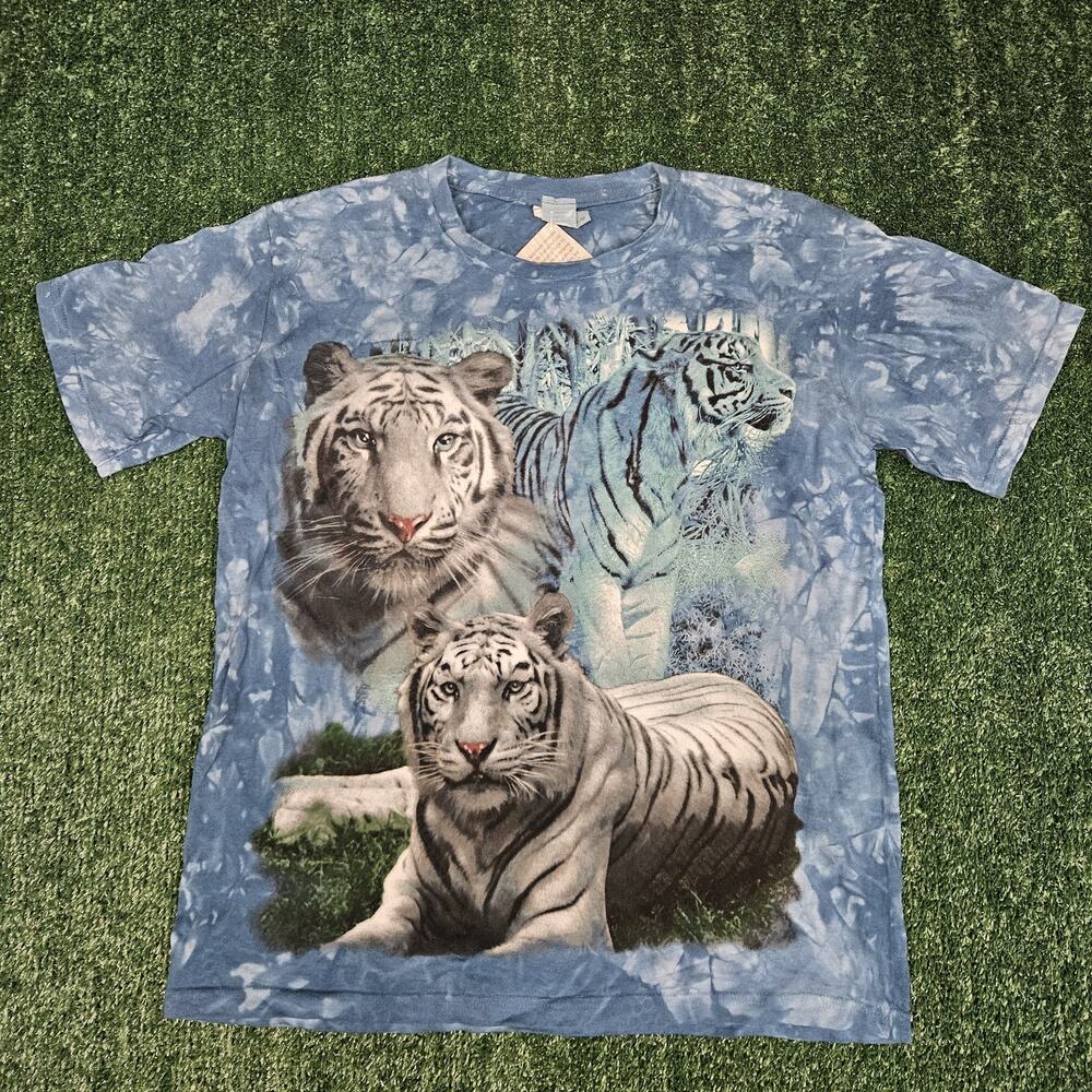 Vintage Back To Earth Med White Tiger T-Shirt Men’s Blue Tie Dye Cotton Grunge